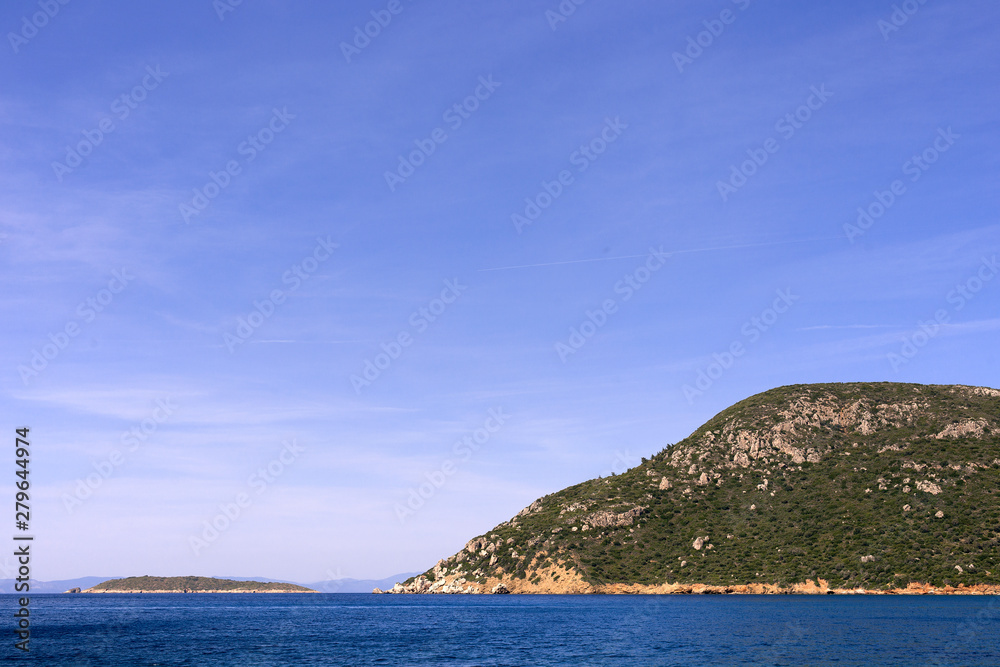 Beautiful seaside with island on the way to Karia in Turkey.