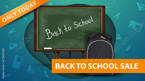 Back to school sale, modern green discount banner in paper cut shapes with school Board and school backpack