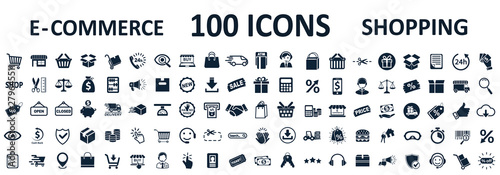 Shopping icons 100, set shop sign e-commerce for web development apps and websites - stock vector