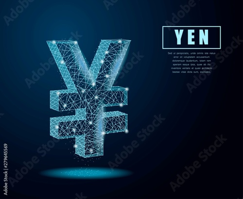 Polygonal yena sign mesh on dark background.Polygonal illustration in the form of a starry sky, lines, dots, polygon