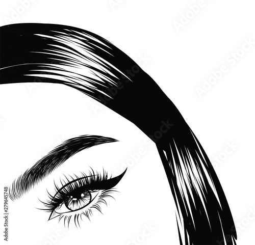 Modern sleek hairstyle of a beautiful girl and baby hairs. Glam eye look with full natural eyebrow and luxe eyelashes. Salon logo template for brochures