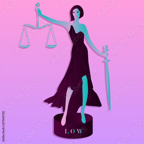 Themis Goddess Modern, elegant, on a pedestal - Scales of Justice and a sword - pink violet background - vector.