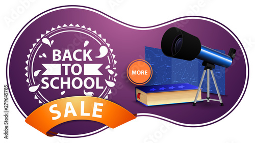 Back to school sale, modern purple discount banner with telescope, map of the constellations and the encyclopedia of astronomy