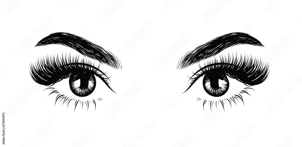 Hand-drawn woman's sexy luxurious eye with perfectly shaped eyebrows and full lashes. Idea for business visit card, typography vector. Perfect salon look. Hand-drawn woman's sexy luxurious eye with perfectly shaped eyebrows and full lashes. Idea for business visit card, typography vector. Perfect salon look.