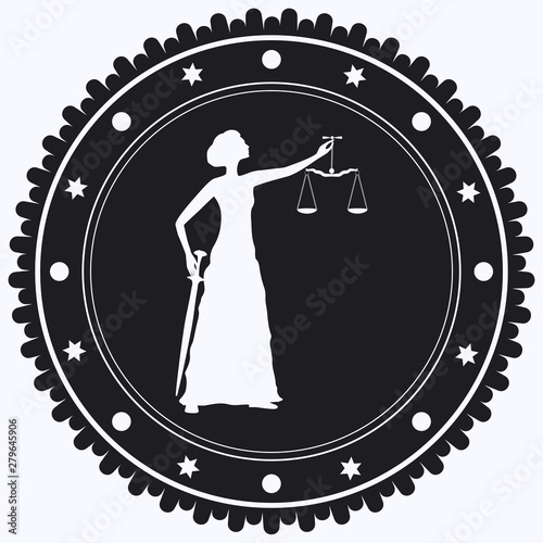 Goddess Themis - woman with scales of justice and sword - black and white round icon - isolated on white background - vector.