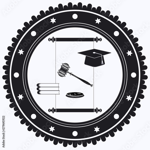 Academic hat, Judge hammer and stand, books, scroll - black and white round icon - isolated on white background - vector.