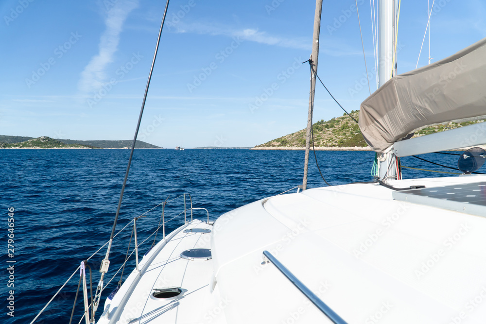Catamaran sailing at sea in Croatia, Europe Catamaran sailing at sea in Croatia, Europe