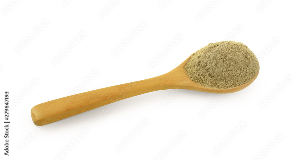 powder pepper in wooden spoon isolated on white powder pepper in wooden spoon isolated on white