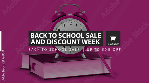 Back to school sale and discount week, pink horizontal discount banner with school books and alarm clock