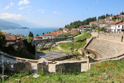 Antique ancient roman amphitheater and Lake Ohrid, Republic of North Macedonia