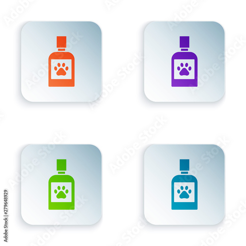 Color Dog medicine bottle icon isolated on white background. Container with pills. Prescription medicine for animal. Set icons in colorful square buttons. Vector Illustration