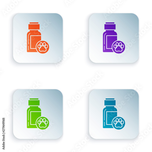 Color Dog medicine bottle icon isolated on white background. Container with pills. Prescription medicine for animal. Set icons in colorful square buttons. Vector Illustration