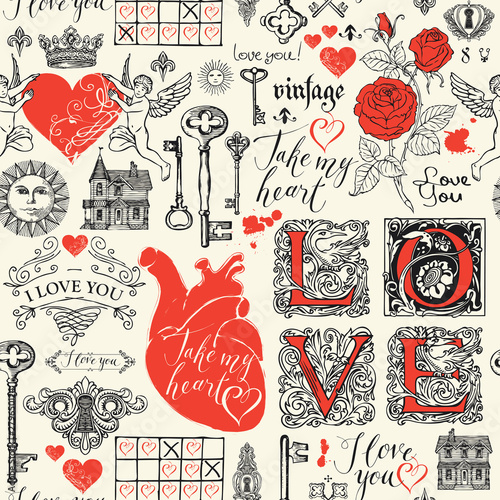 Abstract background with hearts, roses, keys, keyholes, cupids and handwritten inscriptions on light backdrop. Vector seamless pattern on the theme of love and Valentine day in retro style photo