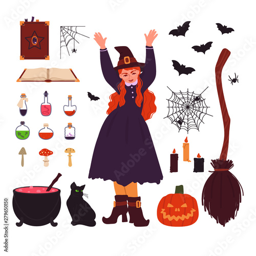 Witch items collection isolated on white background. Halloween Witch character. Vector illustration in cartoon style