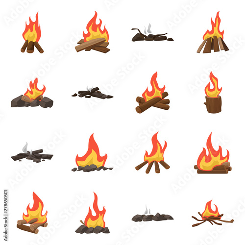 Vector illustration of flame and fire sign. Set of flame and camp vector icon for stock.