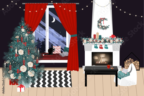 Christmas living room with a christmas tree and presents under it - modern scandinavian style, vector illustration