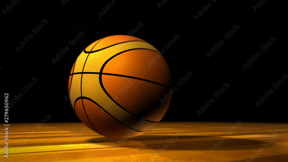 Obraz premium Basketball on the wooden texture court floor. Computer generated 3D render sports background, with copy space for statistics text