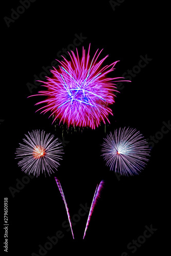 Beautiful colorful isolated firework display for celebration happy new year and merry christmas on black background