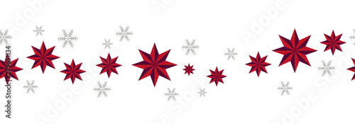 Christmas decoration seamless pattern. New Year border red stars and silver snowflakes on white background. Vector
