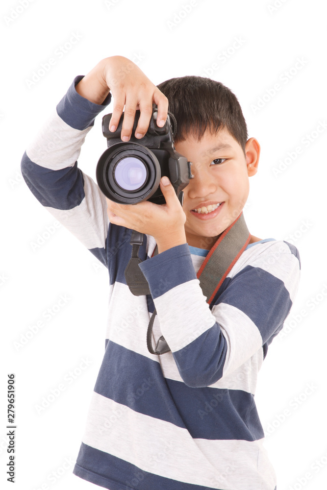 Fototapeta premium Asian boy with Camera Isolated on white background. Shooting Pose.
