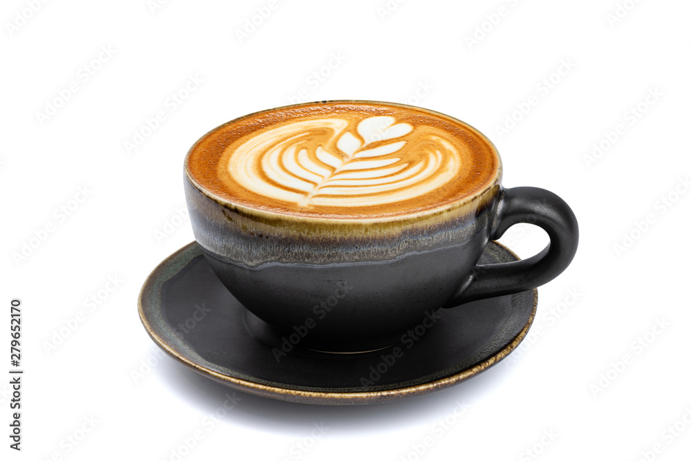 Side view of hot latte coffee with latte art in a vintage matt black cup  and saucer isolated on white background with clipping path inside. Stock  Photo