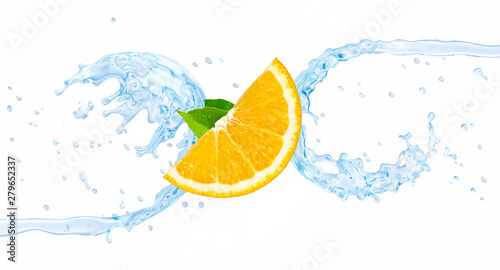 Tableau sur toile Fresh cold pure flavored water with orange wave 3D splash isolated on white