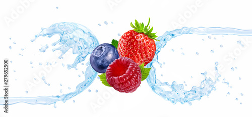 Fresh cold pure strawberry, blueberry, raspberry flavored water wave 3D splash isolated on white. Clean infused water wave splash with berries design elements. Healthy flavored drink splash ad concept photo