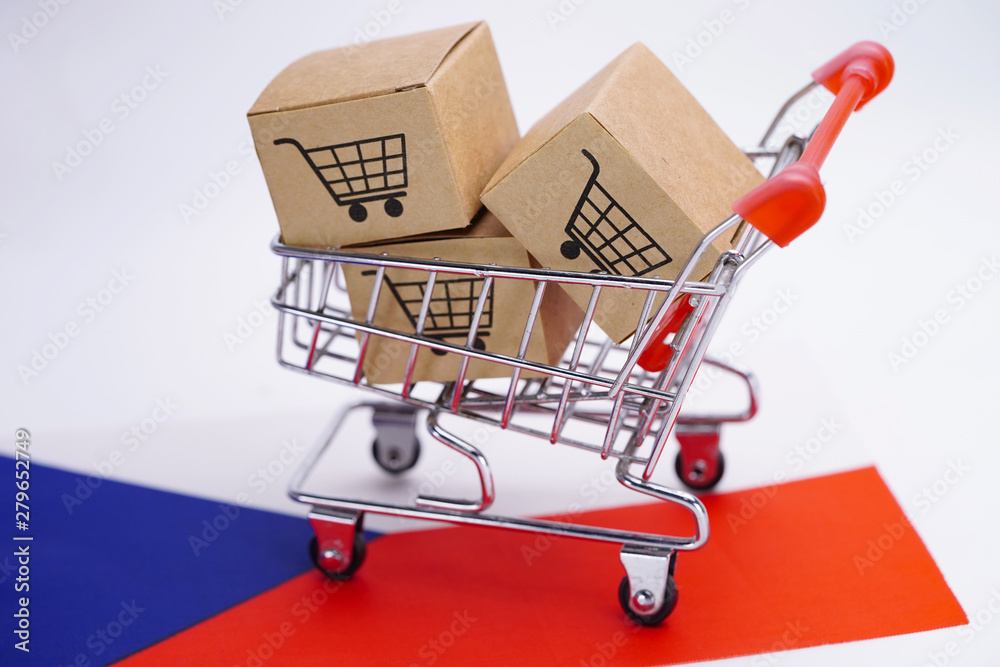 Box with shopping cart logo and Czech Republic flag : Import Export Shopping online or eCommerce delivery service store product shipping, trade, supplier concept.