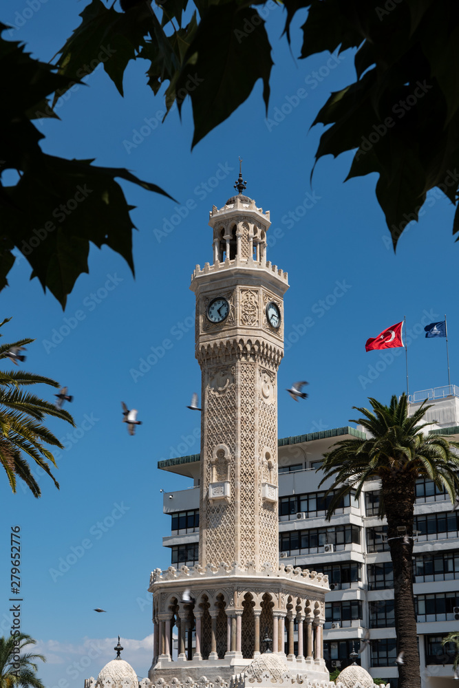 The famous Clock Tower located in Konak Meydani (square) in the Konak district of Izmir. It was built in 1901 of Ottoman architectual design.