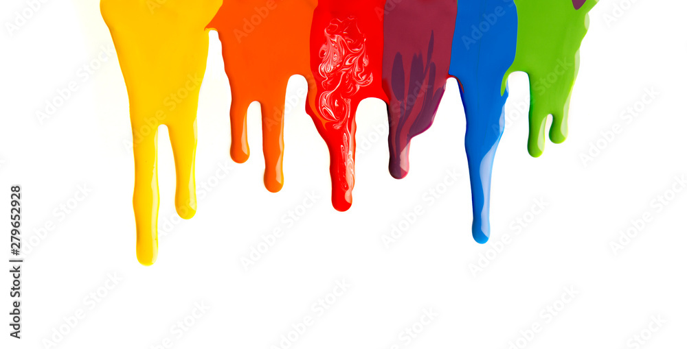 Colorful paint stains dripping from the top on white background