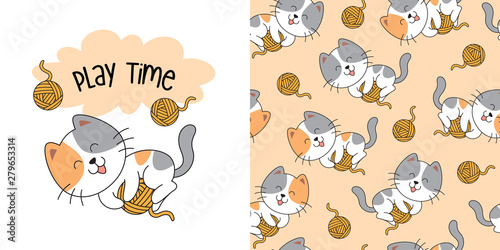 Hand drawn cute cat seamless pattern