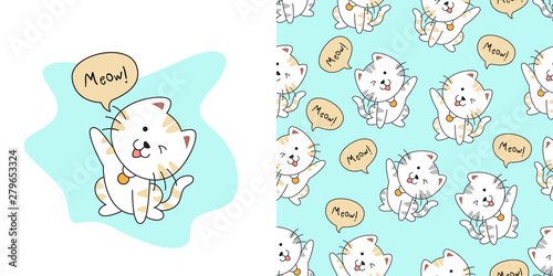 Hand drawn cute cat seamless pattern