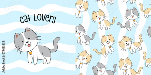 Hand drawn cute cat seamless pattern