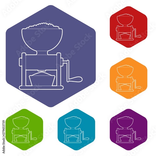 Meat grinder icons vector colorful hexahedron set collection isolated on white