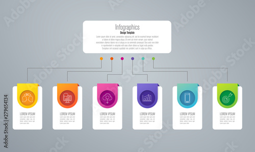 Timeline infographics design vector and business icons with 6 steps. Use in corporate report, marketing, annual report. Network management data screen with charts, diagrams.