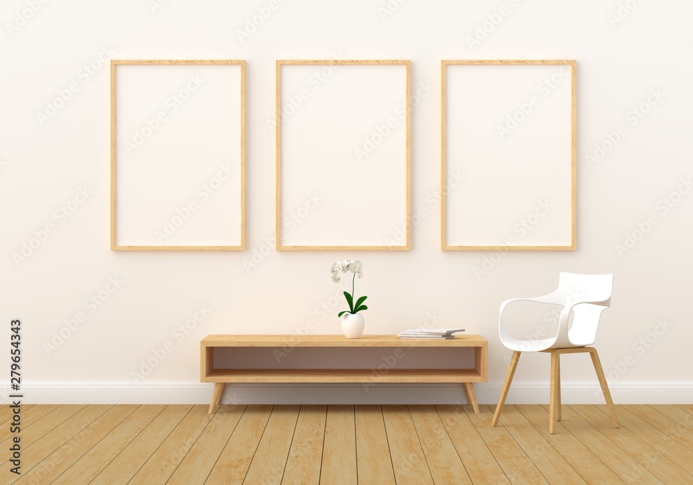 Fototapeta premium Three empty photo frame for mockup in modern living room, 3D render, 3D illustration