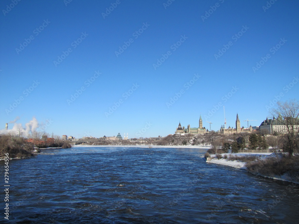 View on the Ottawa River from from Portage Bridge in Ottawa, Canada