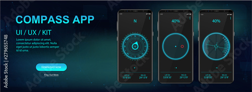 Compass Mobile Application, UI, UX, KIT. Three screenshots of applications on smartphones. Navigation mobile App. Compass GUI. Futuristic style. Vector set