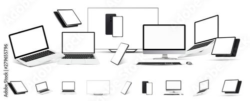 Gadgets Mockups set of 3D realistic style. (tablet, tv, laptop,mobile cellphone, pc monitor) Mockup gadgets isolated on white background. Template for presentation. Vector technique