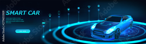 Isometric smart car banner. Autonomous car with icons. Electric machine infographic banner. Futuristic isometric smart car and icons with machine benefits. Intelligent 3D car - vector banner.