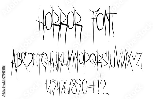 Horror Font, Alphabet, numbers and punctuation marks. Horror font for t-shirt and merch. Trendy alphabet. Silk screen printing for typography, clothing, fabric. Modern stylish font. Vector set