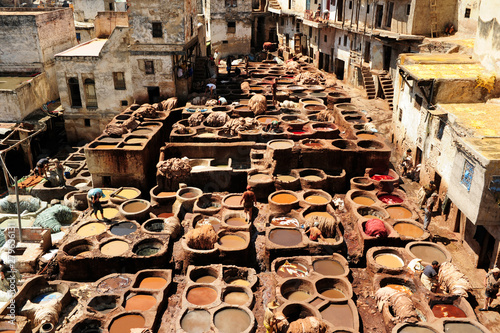 Leather dying in a traditional tannery in the city Fez, Morocco