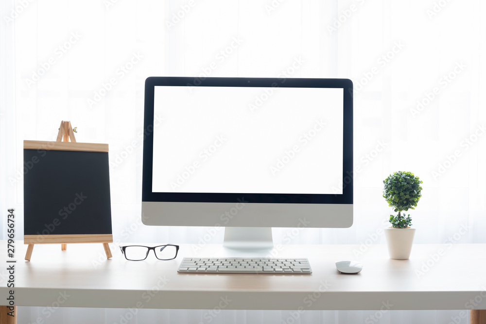 Fototapeta premium Front view office table desk. Workspace with blank computer screen