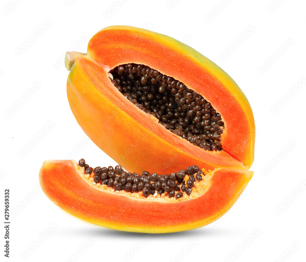 whole and half ripe papaya isolated on white background. full depth of field whole and half ripe papaya isolated on white background. full depth of field