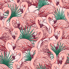 Fototapete Flamingomuster Rosa Flamingos im Tropenparadies Muster  © Maria