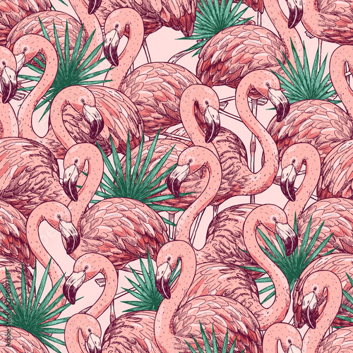 Pink flamingo tropical seamless pattern. Beautiful background. Vector illustration