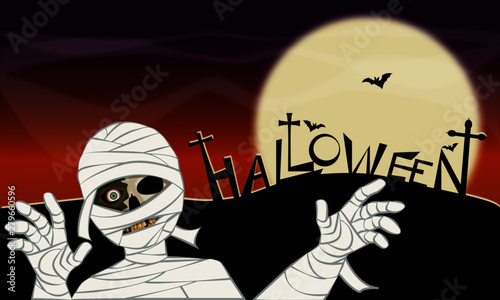 Mummia di Halloween. Sfondo notturno con luna piena, pipistrelli e croci.