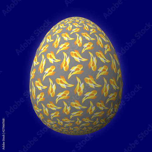Happy Easter - Frohe Ostern, Artfully designed and colorful easter egg, 3D illustration on blue background