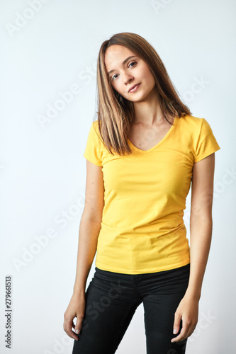 beautiful girl has disease of the gastrointerstinal tract. close up photo. isolated white background, studio shot,