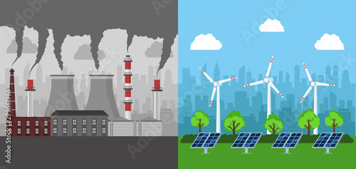 Clean and polluting energy generation. Vector illustration.